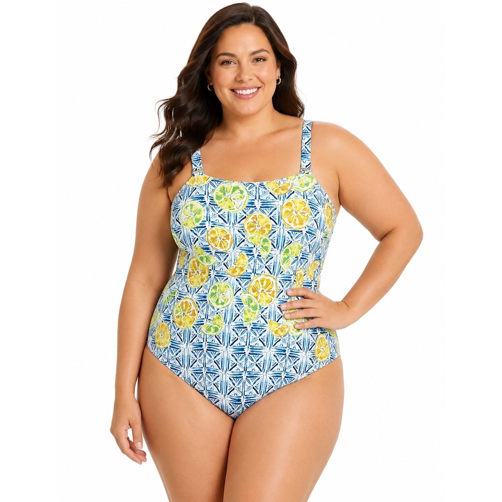 Lands End Womens 24W Lemon Print One Piece Swimsuit Blue Yellow Geometric NWT